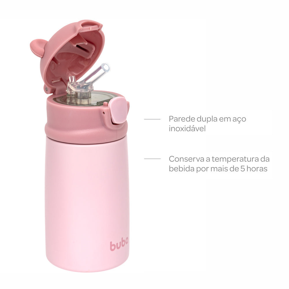 Copo Térmico Parede Dupla com Canudo Urso - Rosa