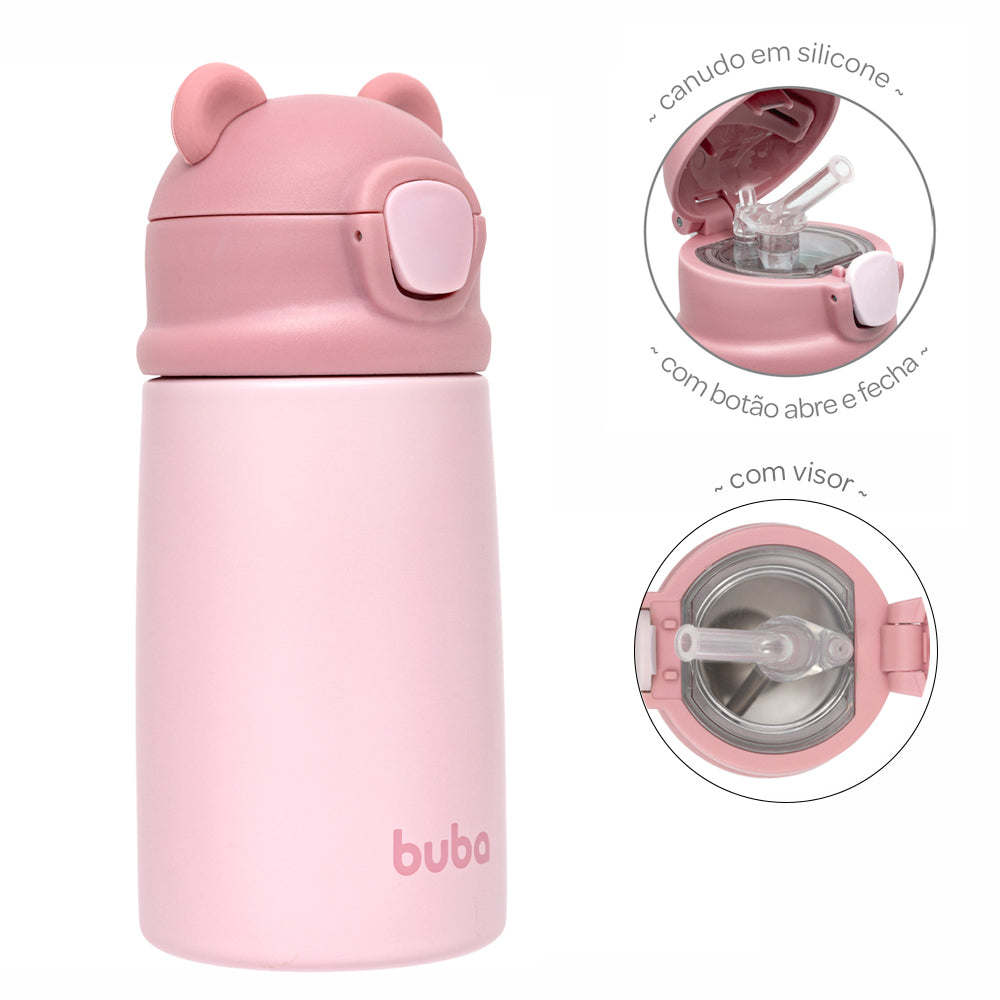 Copo Térmico Parede Dupla com Canudo Urso - Rosa