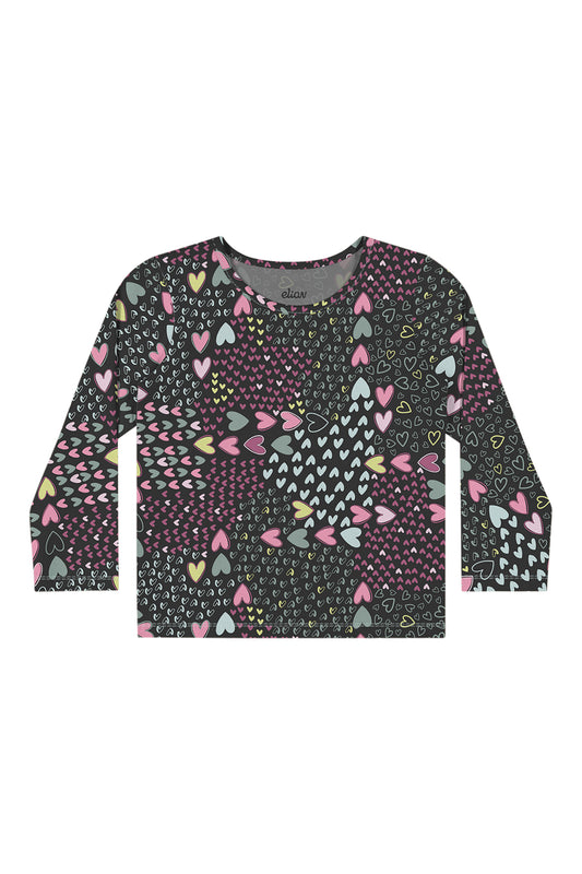 Blusa Infantil Menina Manga Longa Estampa Corações Preta