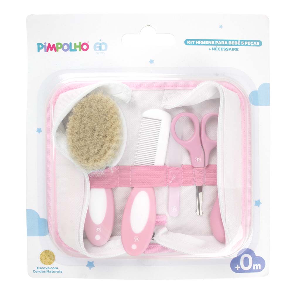 Kit Higiene para Bebê 5 peças + Necessaire - Rosa
