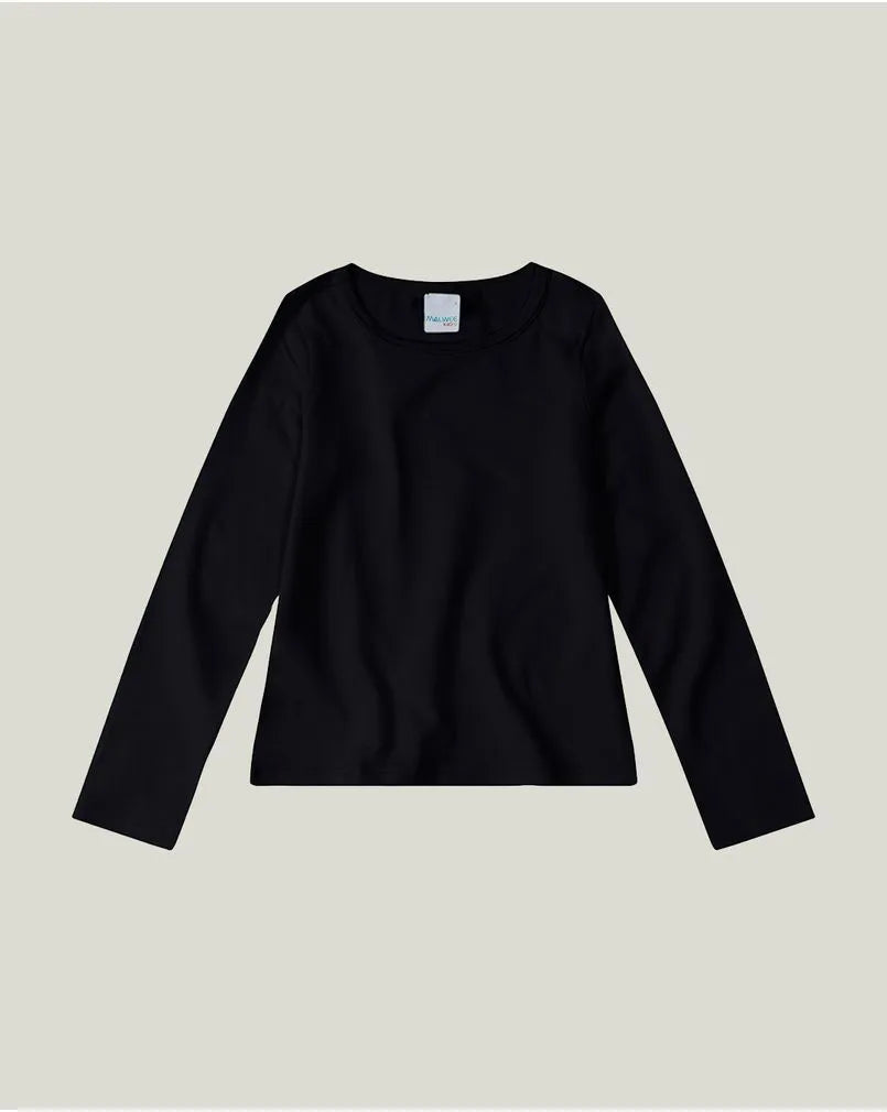 Blusa Infantil Menina Manga Longa em Algodão Preta