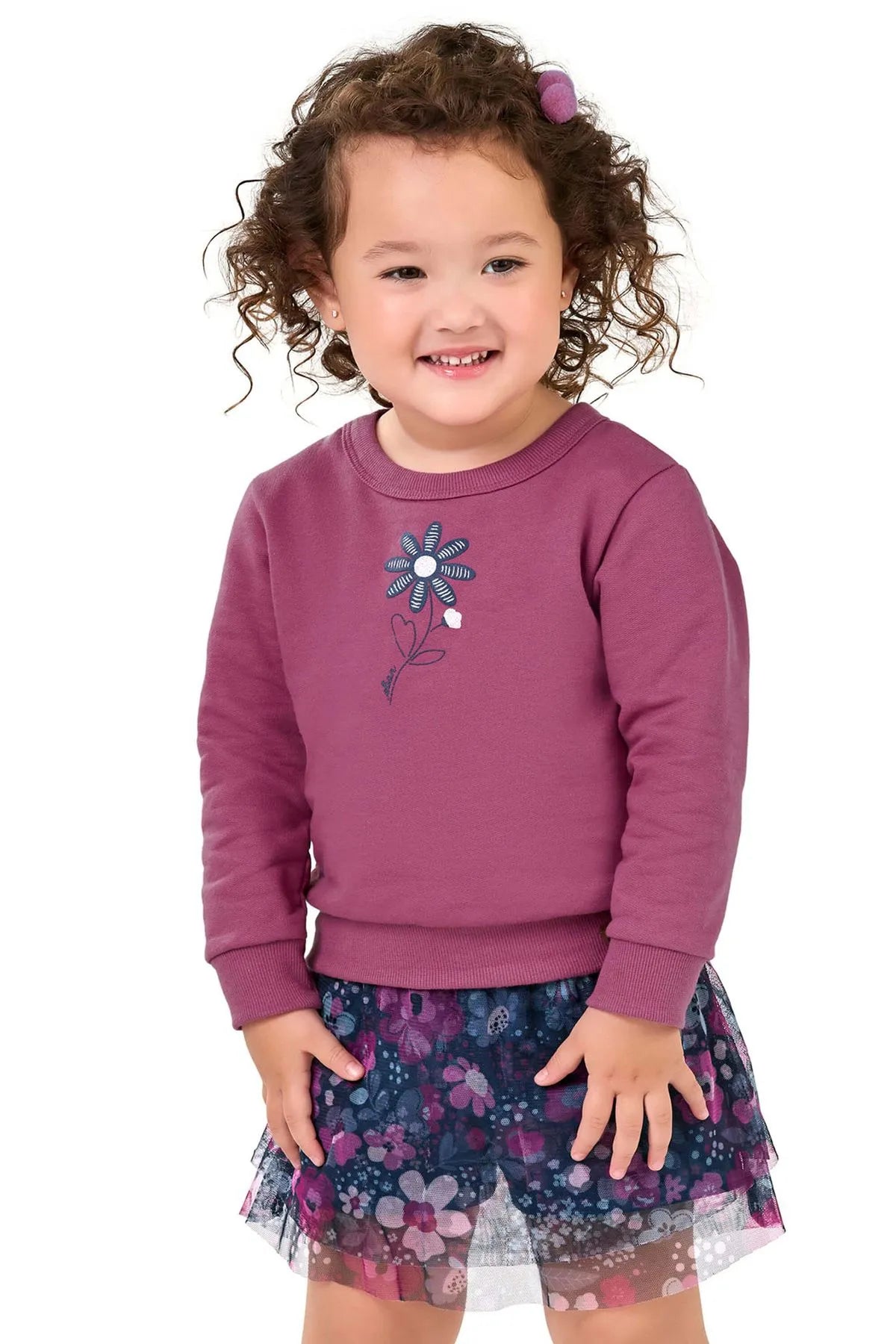 Conjunto Infantil Moletom e Saia Tule Floral Roxo