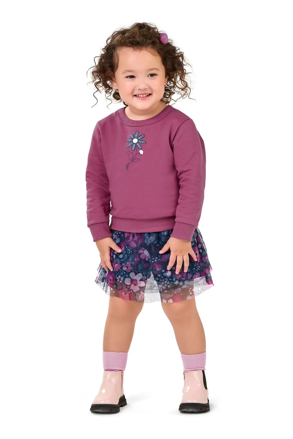 Conjunto Infantil Moletom e Saia Tule Floral Roxo