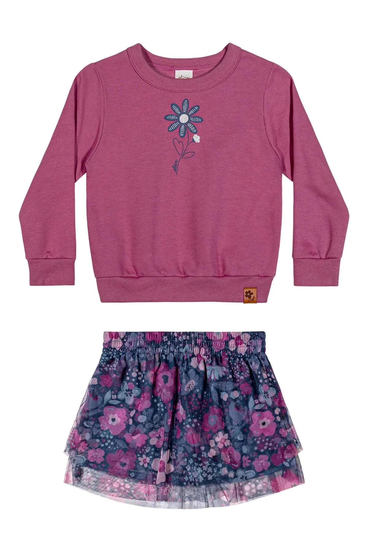 Conjunto Infantil Moletom e Saia Tule Floral Roxo