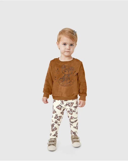 Conjunto Infantil Blusão E Calça Estampa Ursinho Marrom