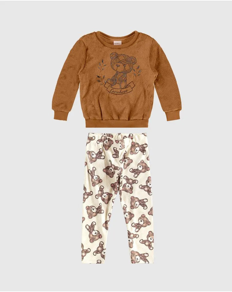 Conjunto Infantil Blusão E Calça Estampa Ursinho Marrom