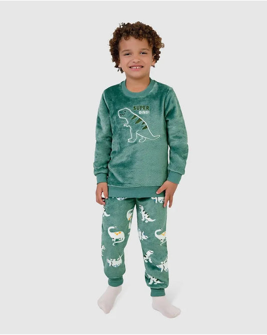 Pijama Infantil Menino Super Dino em Fleece Verde