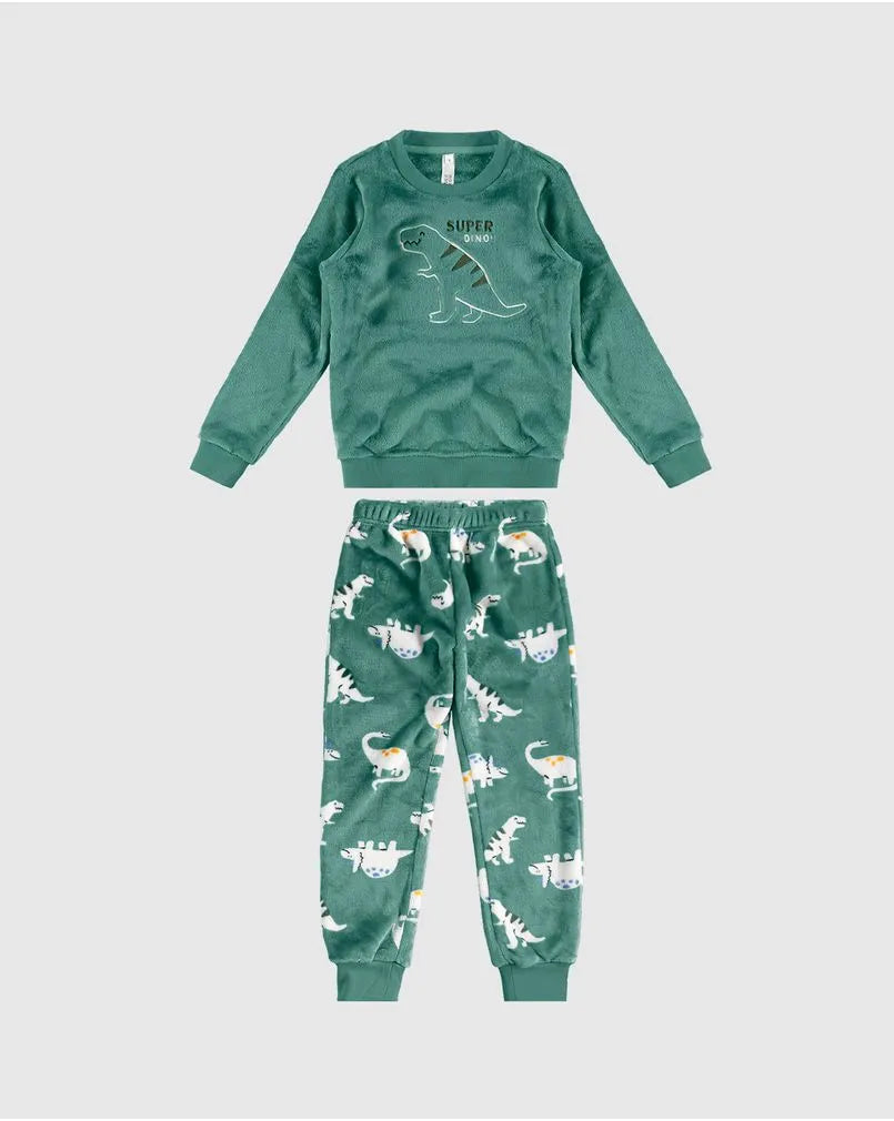 Pijama Infantil Menino Super Dino em Fleece Verde