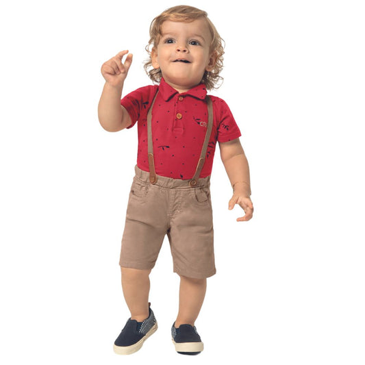 Conjunto Baby Menino Bermuda Sarja com Suspensório