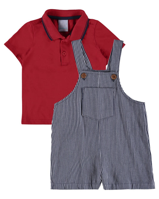 Conjunto Infantil Polo Vermelha com Jardineira Listrada