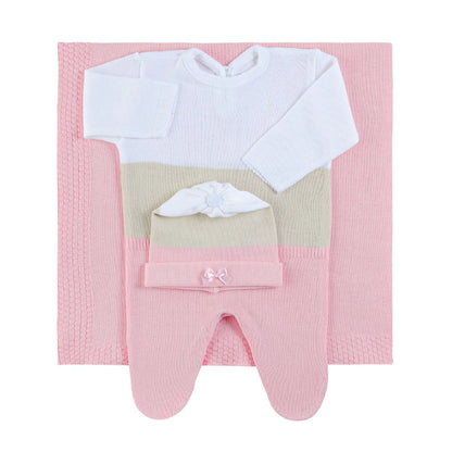 Kit Saída Maternidade Macacão, Gorro e Manta - Rosa e Branco