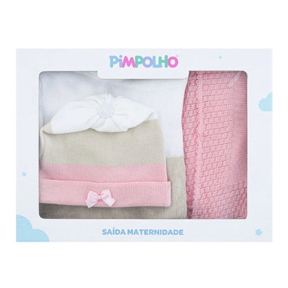 Kit Saída Maternidade Macacão, Gorro e Manta - Rosa e Branco