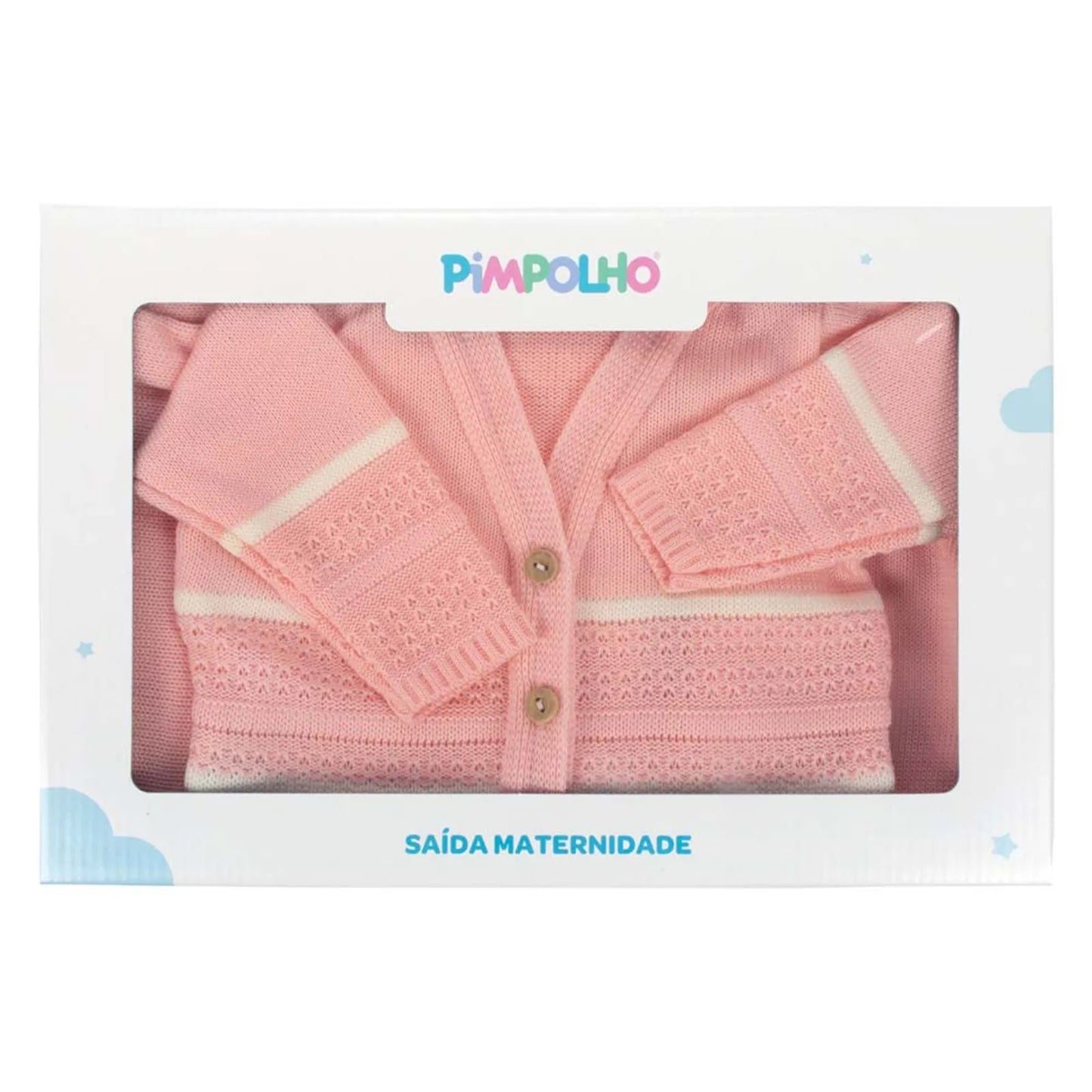 Kit Saída Maternidade Manta, Macacão e Casaco Jacquard - Rosa Listrado