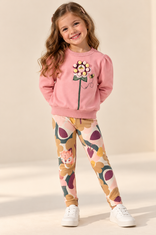 Conjunto Infantil Blusão e Legging Rosa Flor