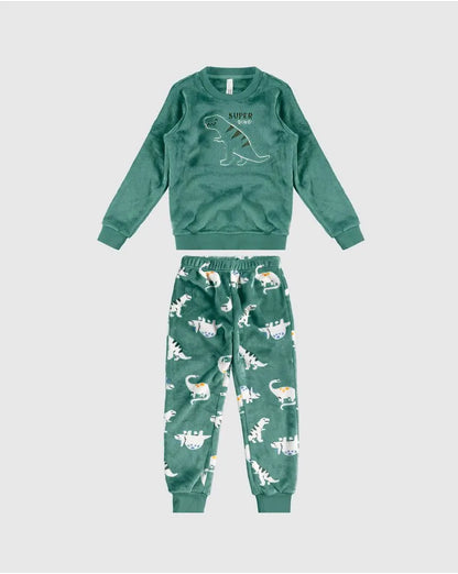 Pijama Infantil Menino Super Dino em Fleece Verde