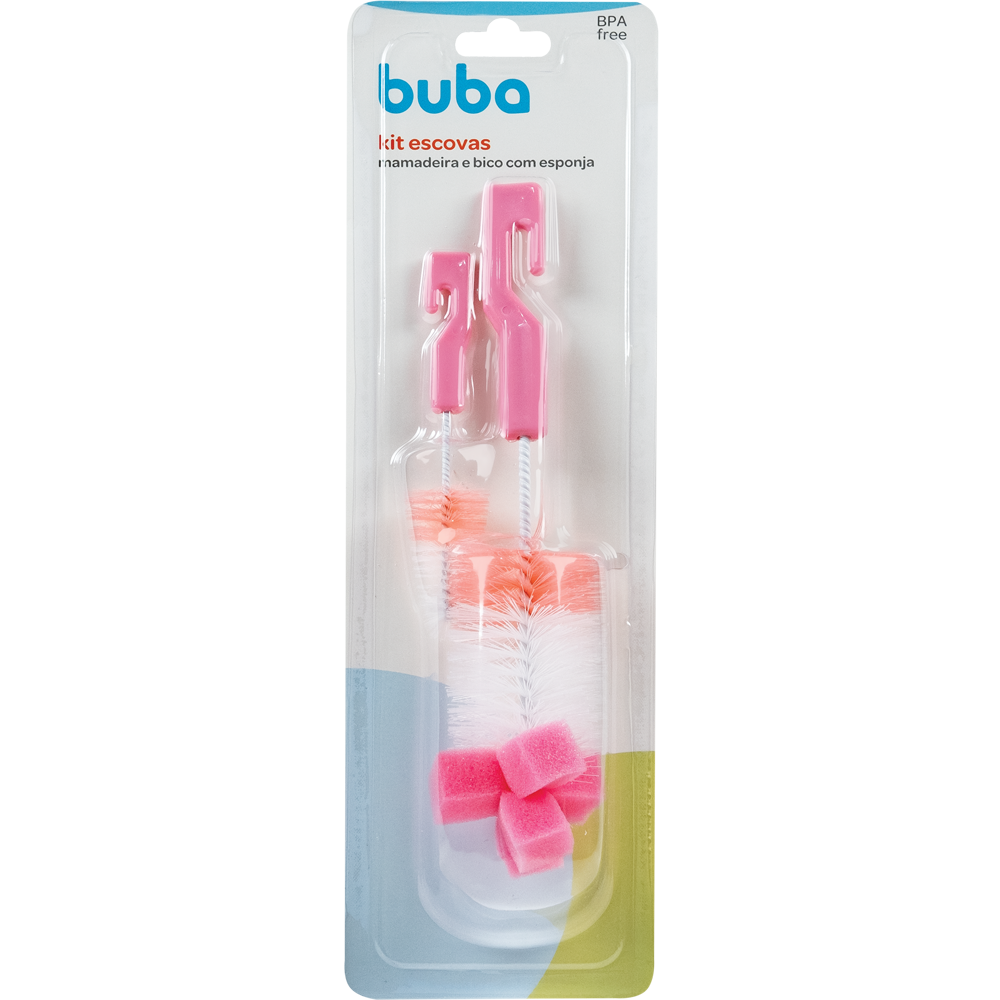Kit Escovas Mamadeira e Bico com Esponja - Rosa