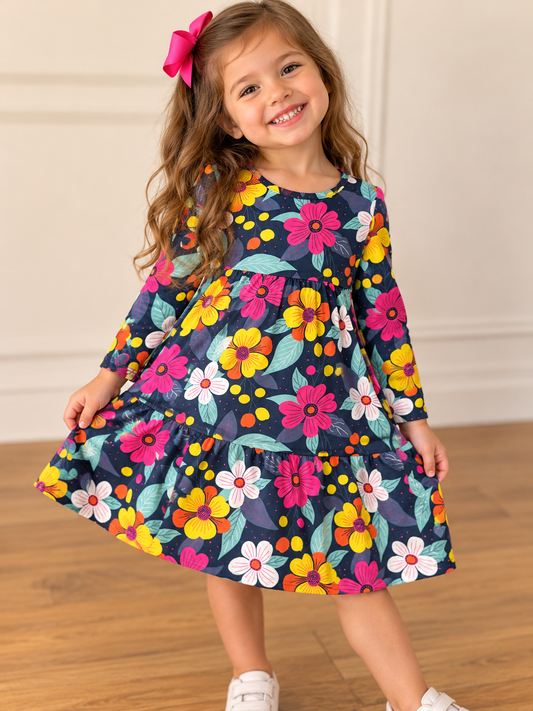 Vestido Infantil Azul Flores