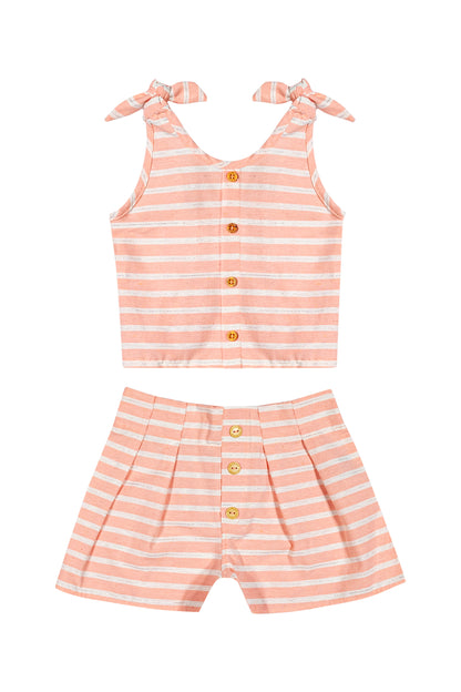 Conjunto Infantil Listrado Botões Rosa